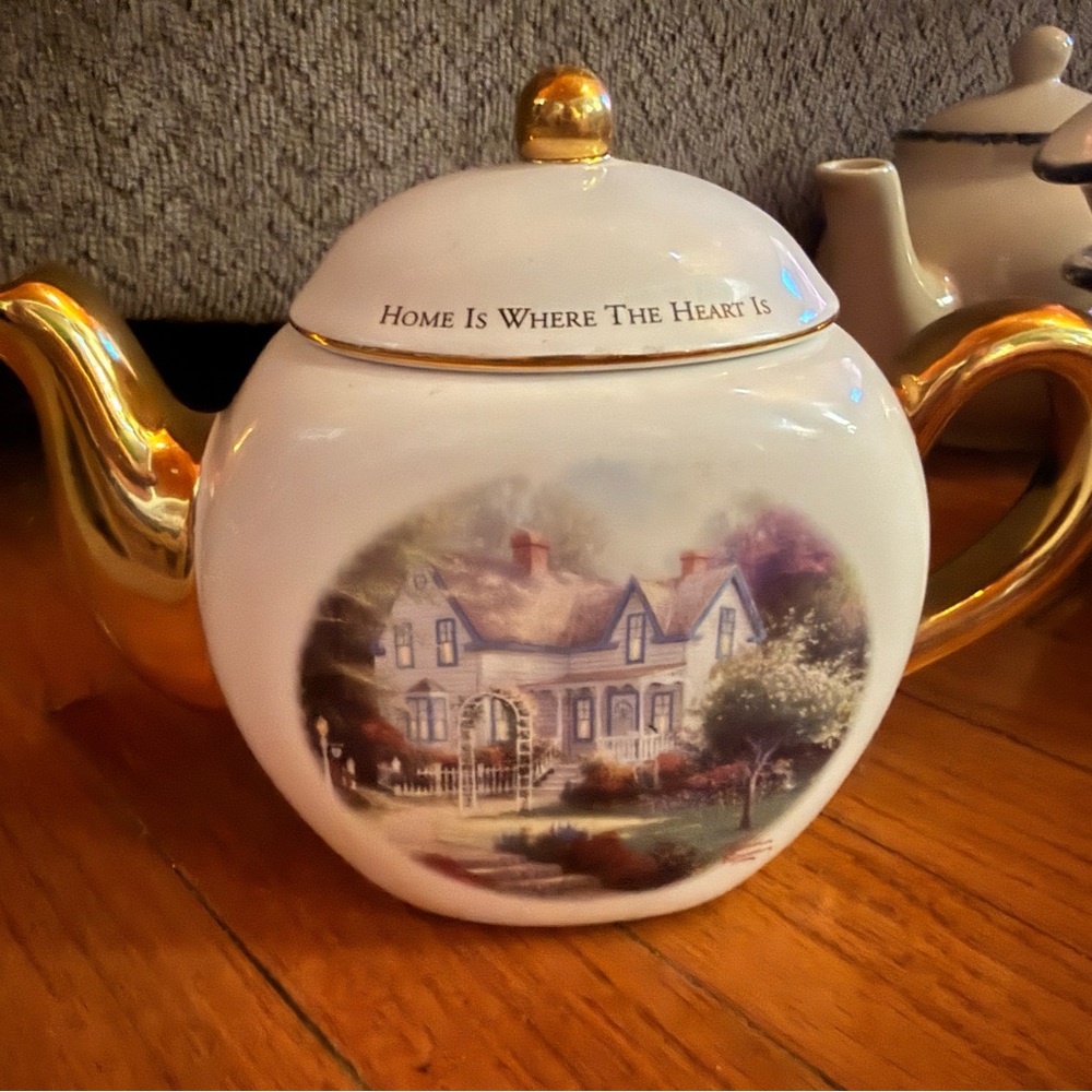 Thomas Kinkade White Porcelain Teapot with Gold Accents and Cottage Scene